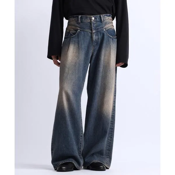ワイドパンツ ジーンズ WEST SWITCHING SEMI-FLARE DENIM PANTS/ウエスト切り替え/セミフレアデニムパンツ メンズ
