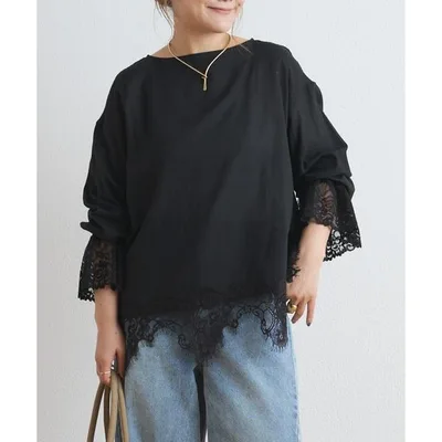ブラウス シャツ レースカフス×レースヘムブラウス レディース