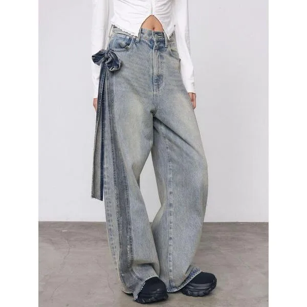 ワイドパンツ ジーンズ デニム デニムパンツ コンビネーションリボンユーズドジーンズ レディース