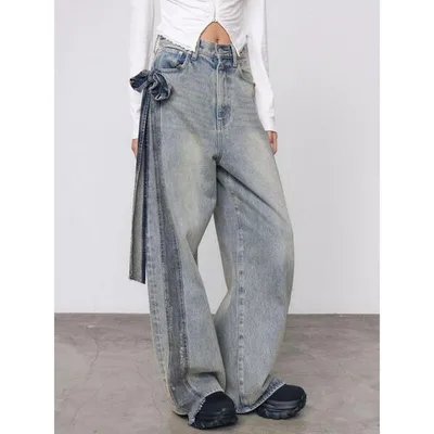 ワイドパンツ ジーンズ デニム デニムパンツ コンビネーションリボンユーズドジーンズ レディース