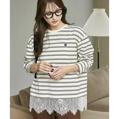 tシャツ マリークワント mary quant MARY QUANT × PUBLUX/マリークワント 裾レース ドッキング ボーダー ロングスリーブ Tシャツ 限定展開 レディース