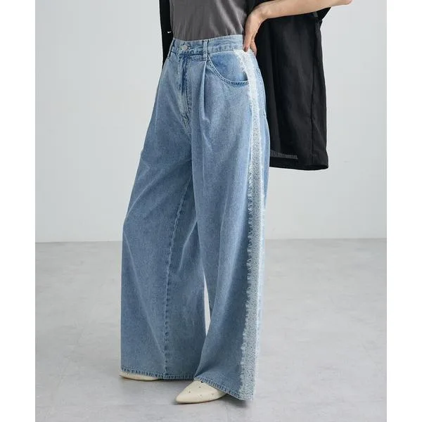 ワイドパンツ ジーンズ デニム デニムパンツ サイドレースデニムワイドパンツ レディース