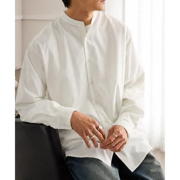 シャツ 「EASY COMFORTシリーズ」リラックスフィット ブロード バンドカラー長袖シャツ「イージーケア」 メンズ