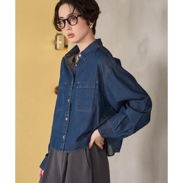 ブラウス シャツ リヨセル デニムシャツ/オーバーサイズデニムシャツ/ショート丈デニムシャツ レディース