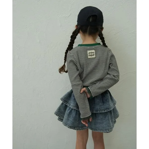 tシャツ 「90-150cm」綿100% シアーフリル袖 ボーダーリブロンT キッズ 子供服 女の子
