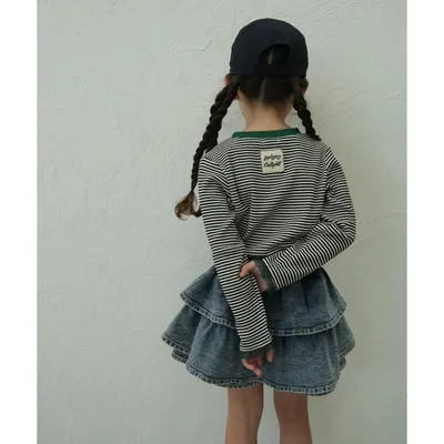 tシャツ 「90-150cm」綿100% シアーフリル袖 ボーダーリブロンT キッズ 子供服 女の子