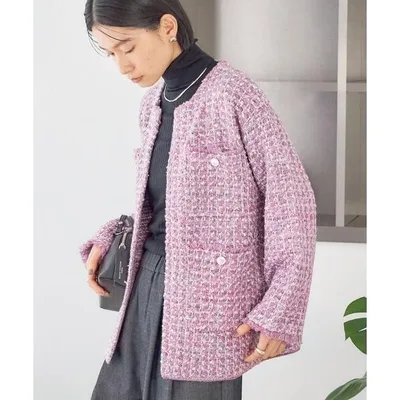 ジャケット ノーカラージャケット 「手洗い可能」ミディ丈 ミックス ニット ジャケット レディース
