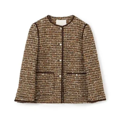 ジャケット ノーカラージャケット ヘアリーヤーンツイード クルーネックジャケット レディース