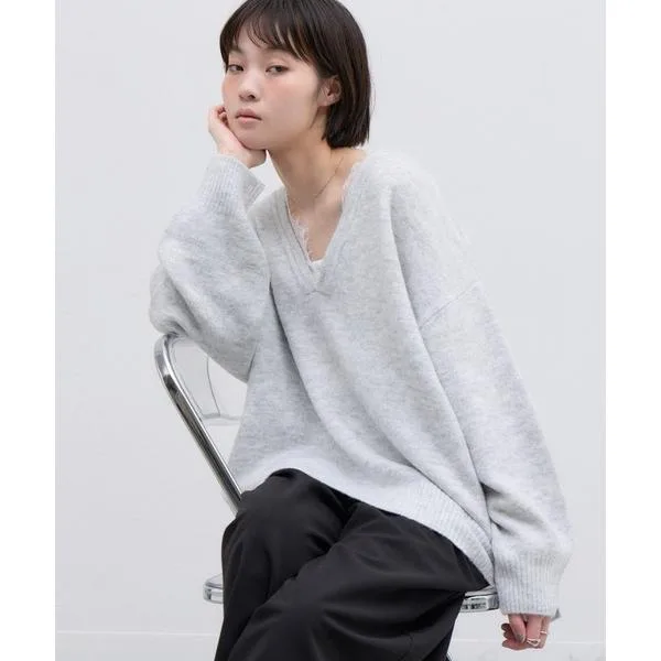 ニット セーター 「一枚着るだけで大人な抜け感」/体系カバー/深Vレースドッキングオーバーニット レディース