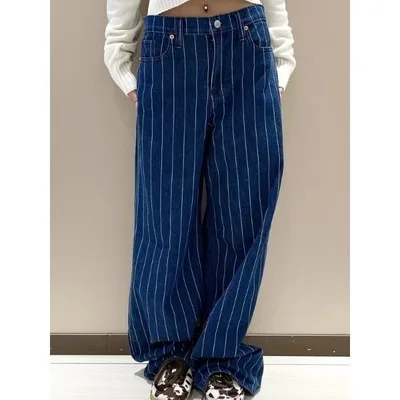 ワイドパンツ ジーンズ デニム デニムパンツ ミッドライズ ストライプ バギーデニム レディース
