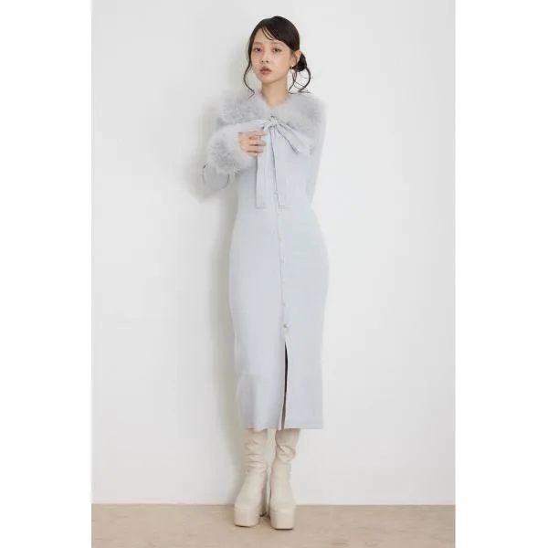 ワンピース フェイクファーカラーリボンニットワンピース 秋服 冬服