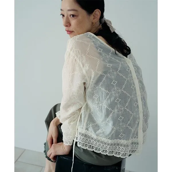ブラウス シャツ ダブルフロント刺繍レースヘムブラウス レディース
