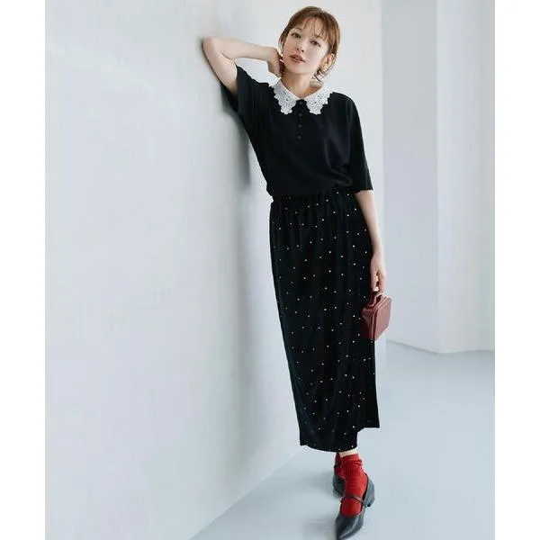 スカート 「森絵梨佳さん着用」ストレッチベロア ドット刺繍ナロースカート「洗濯機OK」