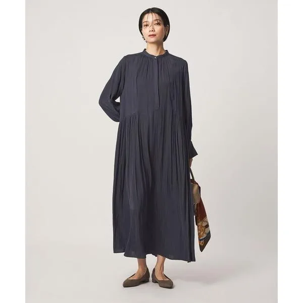ワンピース 「size SHORTあり」サテン ギャザー ロングスリーブ ワンピース