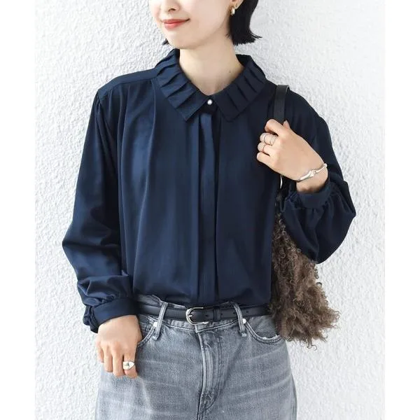 ブラウス シャツ 「手洗い可能」襟 タック サテン ロング スリーブ ブラウス レディース