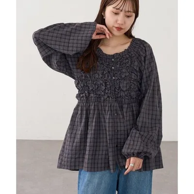 ブラウス シャツ チェック柄シャーリングチュニック レディース
