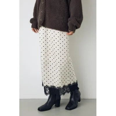 ロング スカート 「身長/骨格別着用画像あり」ドット裾レースサテンナロースカート 秋服 春服 トレンド ドット柄 ロングスカート「セットアップ対応」