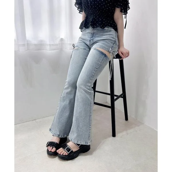 ジーンズ デニム デニムパンツ 「美脚見え」サイドリボンフレアデニムパンツ レディース