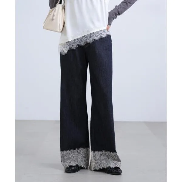ワイドパンツ ジーンズ デニム デニムパンツ ベーシックワイド裾レースデニム レディース