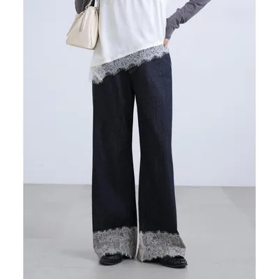 ワイドパンツ ジーンズ デニム デニムパンツ ベーシックワイド裾レースデニム レディース