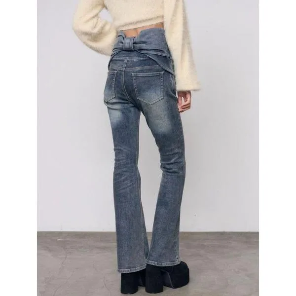 ジーンズ デニム デニムパンツ リボンラップハイウエストフレアパギンス レディース