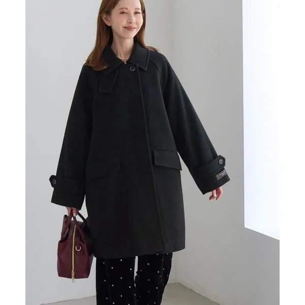 ステンカラーコート コート JAPAN FABRIC スタンドカラーミドル丈 ウールコート レディース