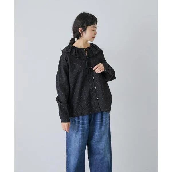 ブラウス シャツ フリルネックドットブラウス レディース