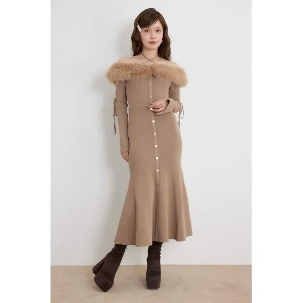 ワンピース フェイクファードッキングオープンスリーブワンピース 秋服 冬服