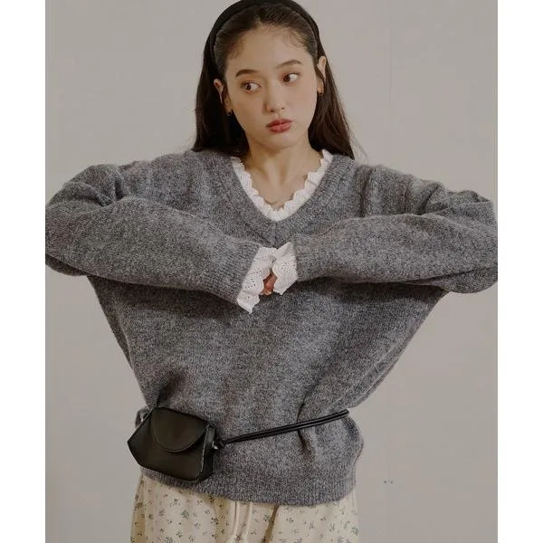 ニット セーター 2 way v neck lace knit / 2WAY Vネックレースニット レディース