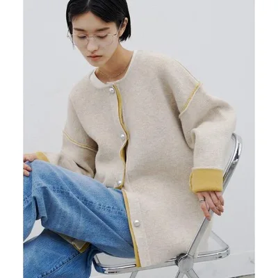 カーディガン ∴ヤクライクレイヤードライク配色ニットジャケット レディース