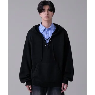 パーカー Lace-Up Knit Hoodie/Parka / レースアップニットフーディ/パーカー メンズ レディース