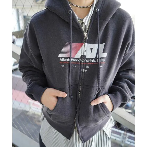 パーカー 裏起毛 Print Zip Hoodie レディース