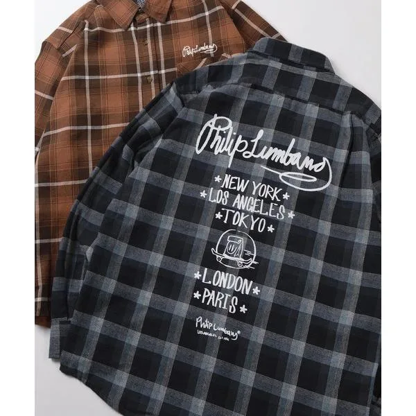 シャツ 「75」「Philip Lumbang/フィリップ・ランバン」バックプリント チェック レギュラーシャツ/ネルシャツ/レギュラーカラー/ライトアウター/羽織/胸…