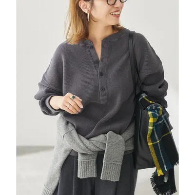 ヘンリーネック tシャツ オゾン加工ワッフルヘンリープルオーバー レディース