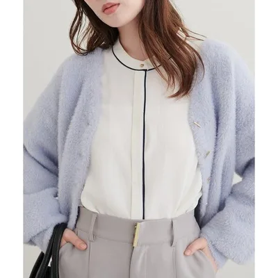 Blouse Shirt Gold Button Color Piping Blouse Ladies