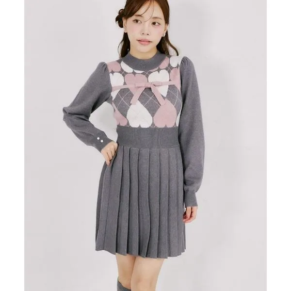ワンピース 冬の愛されモテデート服♪ハートアーガイルプリーツニットワンピース