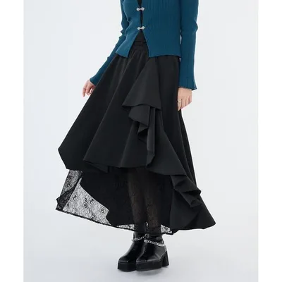 ロング スカート レースフリルフレアスカート