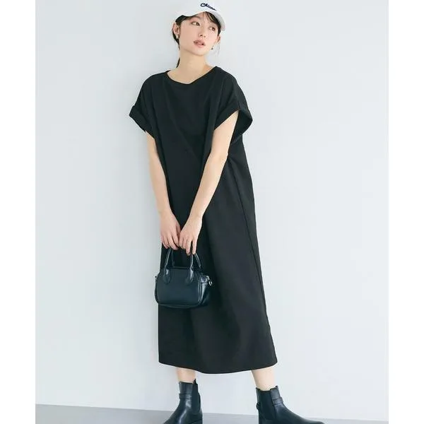 ワンピース 夏 半袖 エンボス加工ボートネックロングワンピース