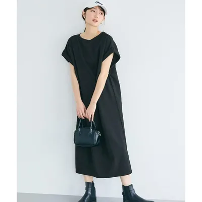ワンピース 夏 半袖 エンボス加工ボートネックロングワンピース