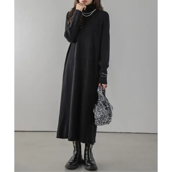 ワンピース タートルネックリブニットロングワンピ