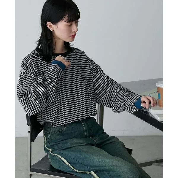 tシャツ 「forksy.」「エブリデイシリーズ」配色リブオーバーサイズカットソー/ボーダー・無地 レディース