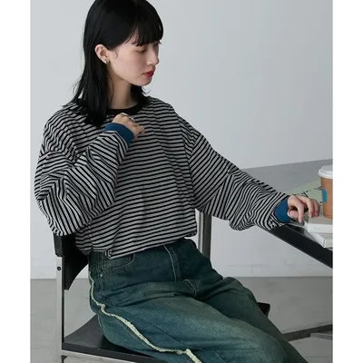 tシャツ 「forksy.」「エブリデイシリーズ」配色リブオーバーサイズカットソー/ボーダー・無地 レディース