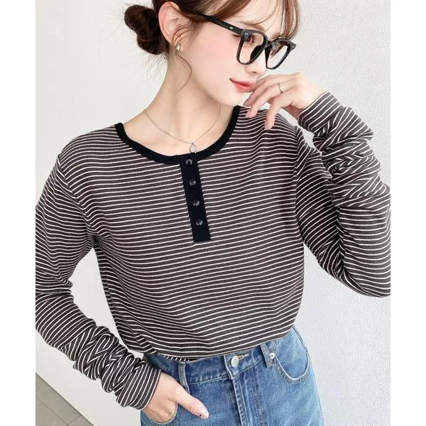 ヘンリーネック tシャツ 「累計販売枚数2万枚突破!」前後2WAY袖くしゅくしゅヘンリーネックボーダーロンT レディース