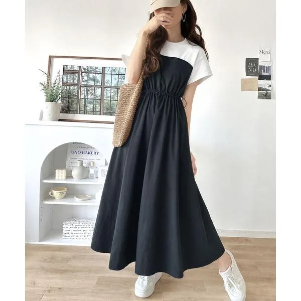 ワンピース 夏 半袖 夏に大活躍!さらっと着て、こなれ見え。ビスチェドッキングワンピース(無地&ボーダー柄)