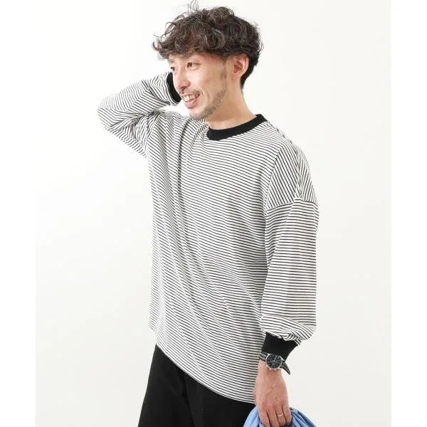 tシャツ 綿100% お洗濯してもよれにくい ビッグシルエット 袖リブ 大人 ボーダー 長袖Tシャツ レディース メンズ