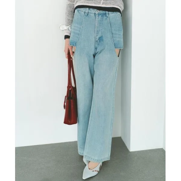 ワイドパンツ ジーンズ デニム デニムパンツ サイドカットアウトデニム/レイヤードパンツ「SMLサイズ展開」 レディース