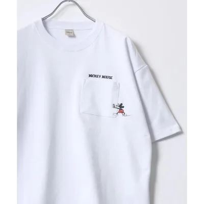 tシャツ 半袖 2026SS Disney/ディズニー オーバーサイズ ミッキーワンポイント刺繍 ポケット付半袖Tシャツ レディース メンズ レディース メンズ