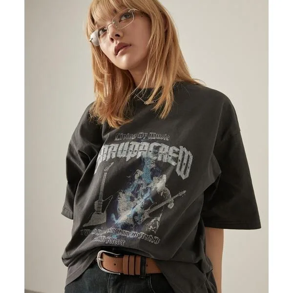 tシャツ 半袖 「Snap club」ビッグシルエットヴィンテージ加工グラフィック半袖Tシャツ レディース メンズ
