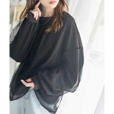 tシャツ 「JaVa ジャバコラボ」重ね上手は、おめかし上手。チュール レイヤード バックプリント ミニ 裏毛 長袖 ロンT レディース
