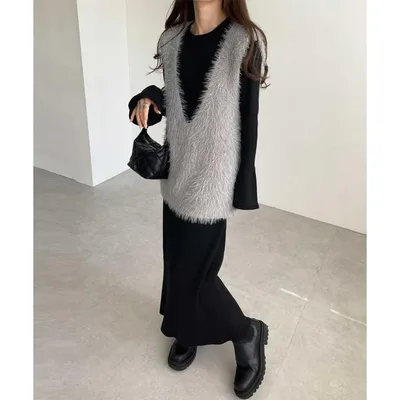 ワンピース リブニットワンピース×シャギーベストセット